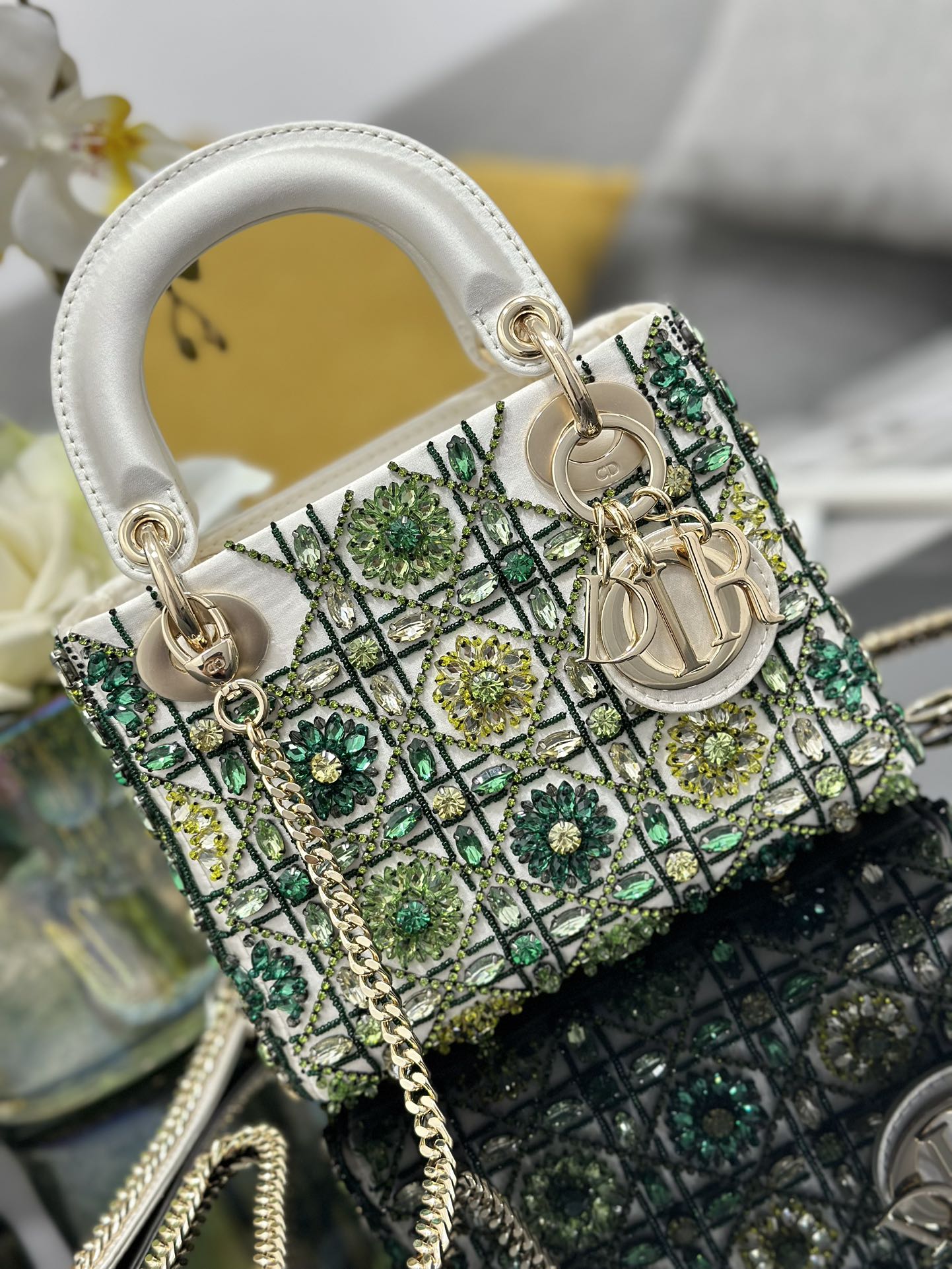 Mini Lady Dior Bag White Satin Embroidered with White Green Diamond